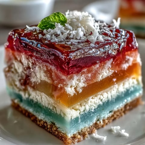 Dazzling agar-agar rainbow jelly cake glistens with light, topped by smooth, white coconut cream.