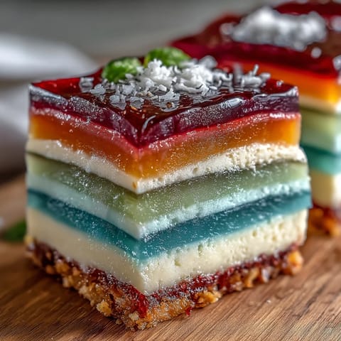 Vibrant agar-agar rainbow jelly cake with creamy coconut layers, perfect served chilled.