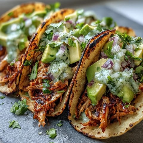 Shredded slow cooker salsa verde chicken tacos piled high on warm tortillas.