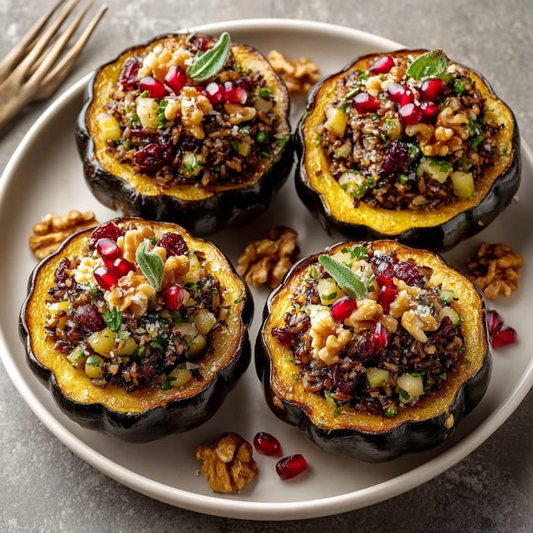 Festive Maple-Glazed Acorn Squash with Cranberry Wild Rice Stuffing featuring vibrant autumn colors for Thanksgiving.