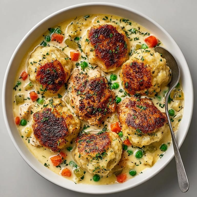 Comforting Chicken and Dumplings Skillet brimming with tender chicken, fluffy dumplings, and colorful vegetables.
