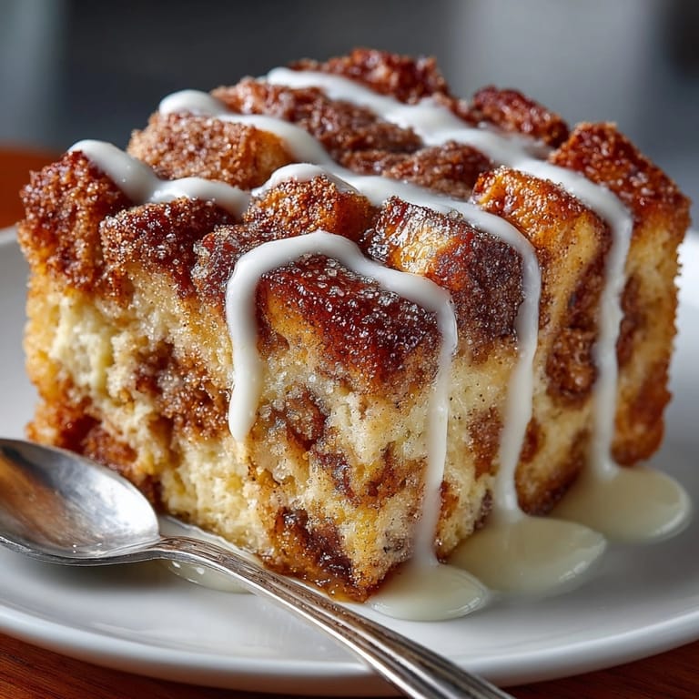 Freshly baked cinnamon sugar French toast bread pudding served in a cozy kitchen setting.