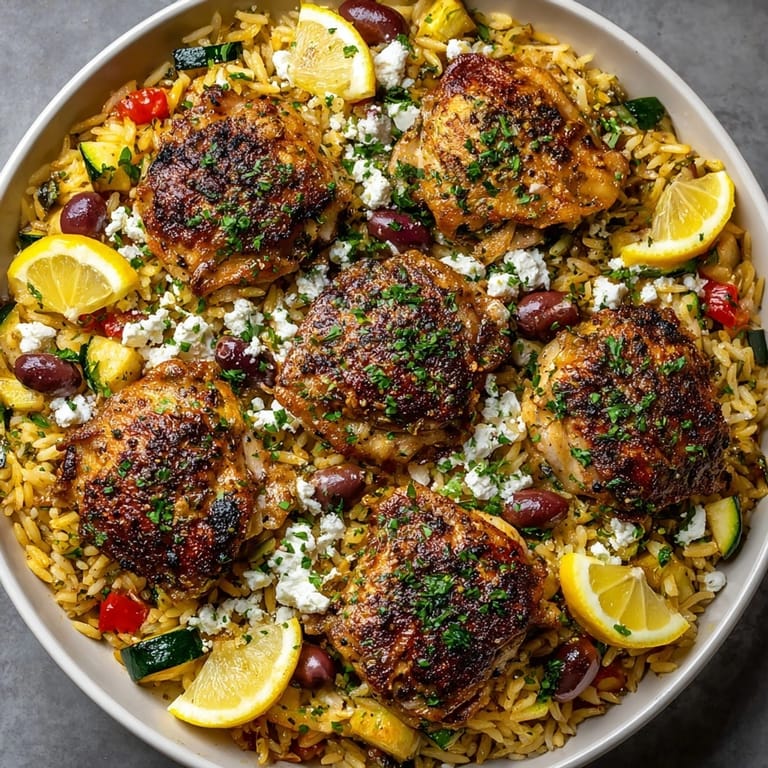 Close-up of Mediterranean Chicken and Orzo Skillet with tender chicken, herbed tomato broth, and melted feta cheese.