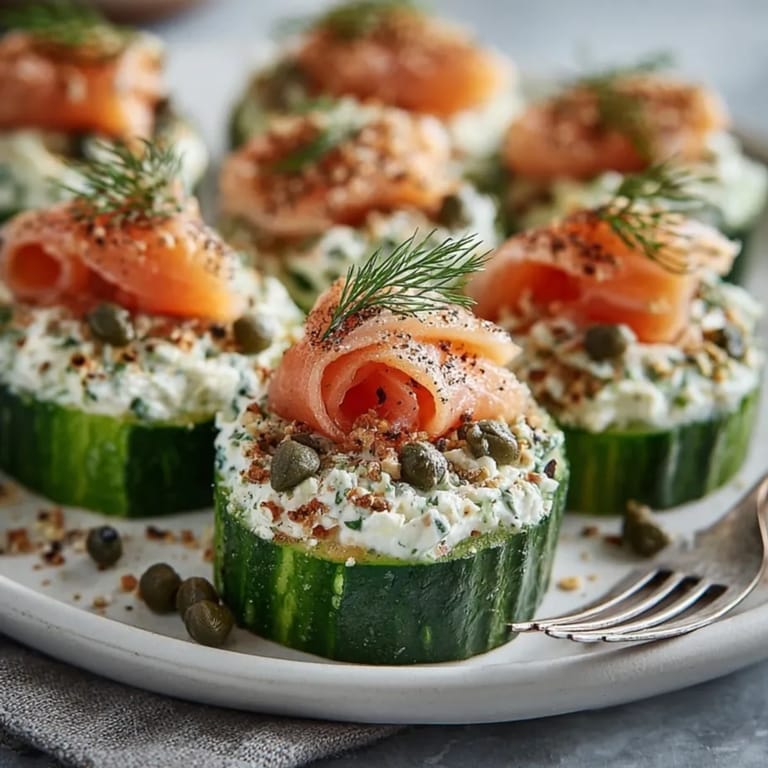 Fresh cucumber salmon canap&eacute;s with dill cream served as elegant gluten free appetizers.