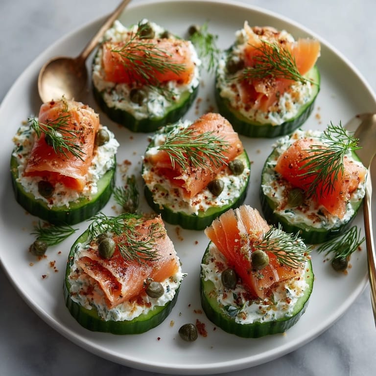 Vibrant smoked salmon and dill cream atop crisp cucumber slices for refreshing party canap&eacute;s.