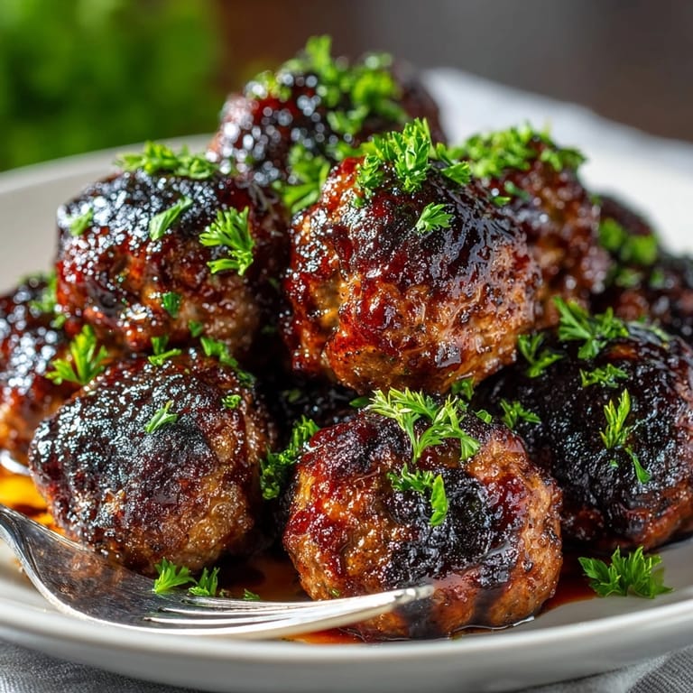 Close-up shot: glistening Rebel Float Root Beer Glazed Meatballs, a savory appetizer for any party.