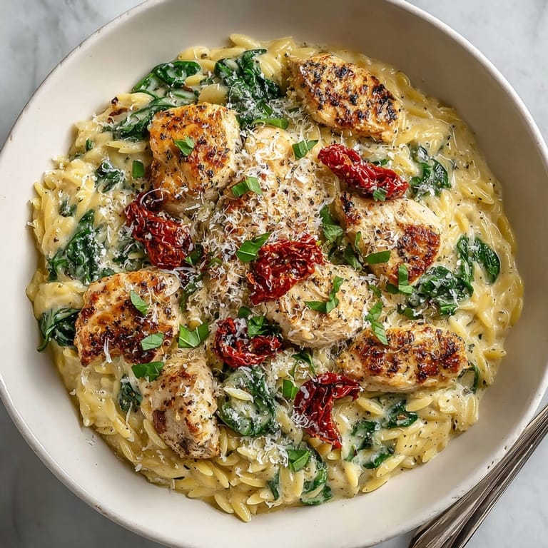 This easy One-Pot Creamy Tuscan Chicken Orzo with spinach has tender chicken and creamy orzo goodness.