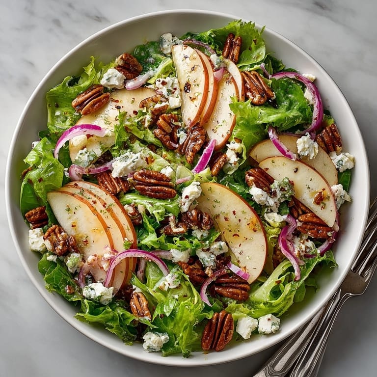 See the beautifully plated Fresh Apple Pecan Salad, ready to serve with a bright, zesty pickle dressing.