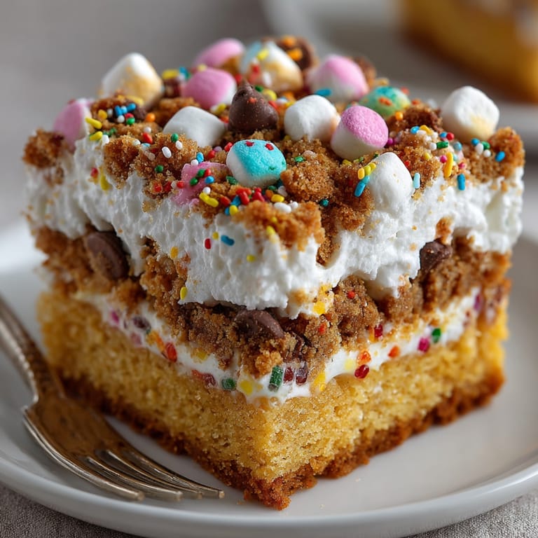 A close-up view of warm, spiced Silly Cake Gingerbread House Crumble Bars sprinkled with festive toppings.