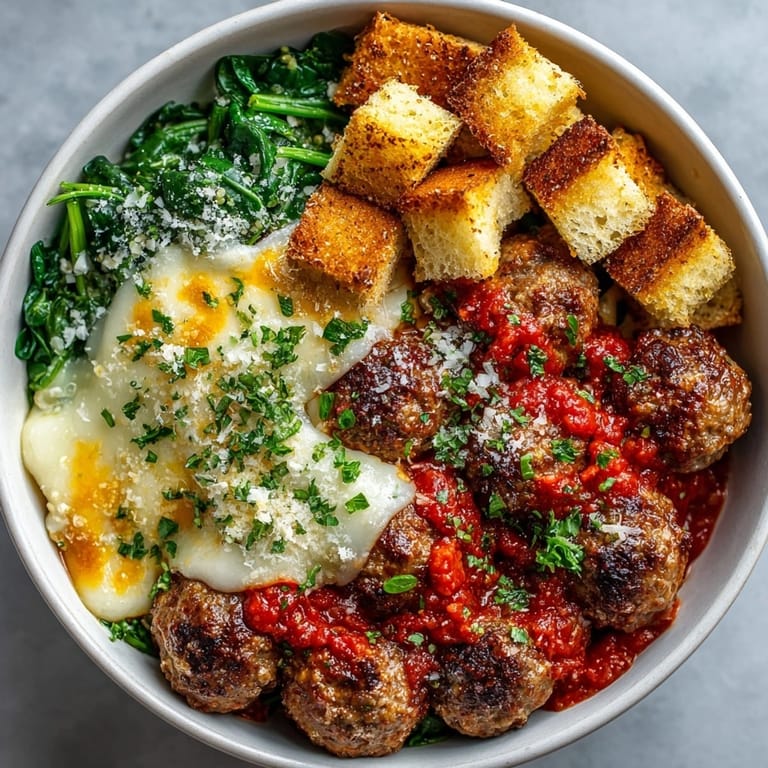 A close-up of hearty 30-Minute Turkey Meatball Sub Bowls showcasing juicy meatballs, fresh spinach, and toasted croutons.