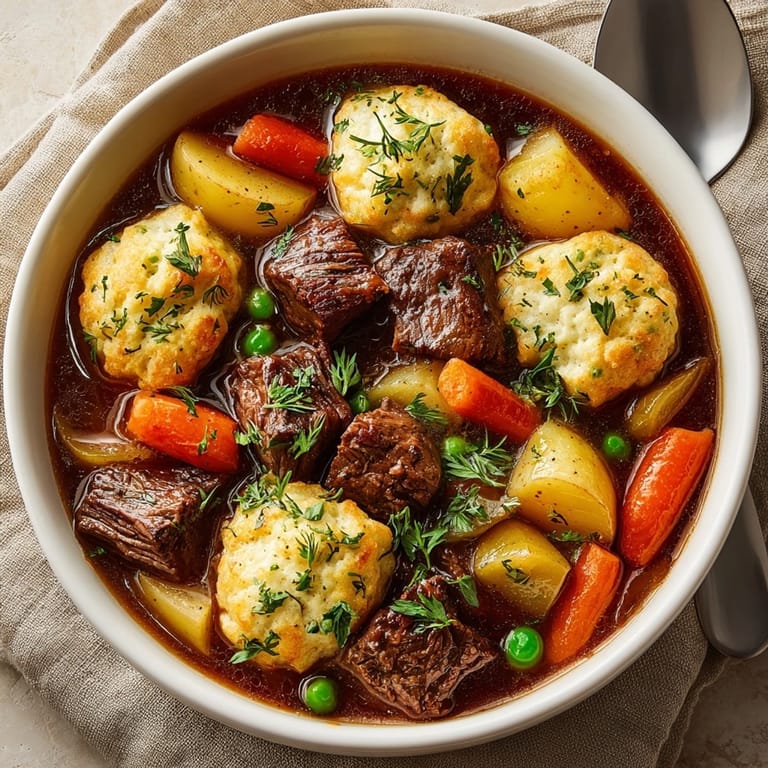 Close-up of a savory beef stew and pickle herb dumplings – a unique, comforting American recipe.