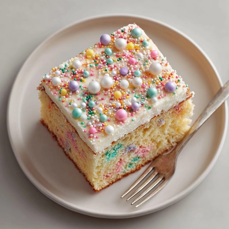 Close-up of a perfect slice of vanilla confetti sheet cake with edible pearls; moist, inviting, and delicious.