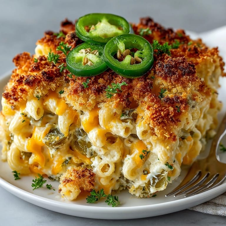 A close-up photo showcases the creamy, cheesy Simple Pickle-Fix Jalapeño Popper Mac and Cheese Bake, ready to serve hot.