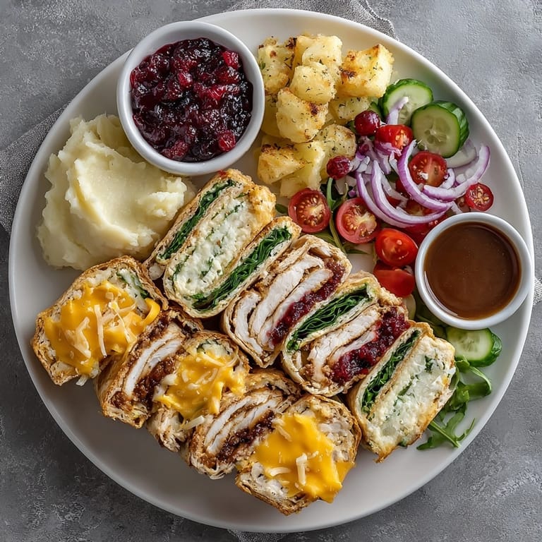 Close-up of a fully assembled Thanksgiving Leftover Turkey Wrap Bar, ready to eat with all the fixings.