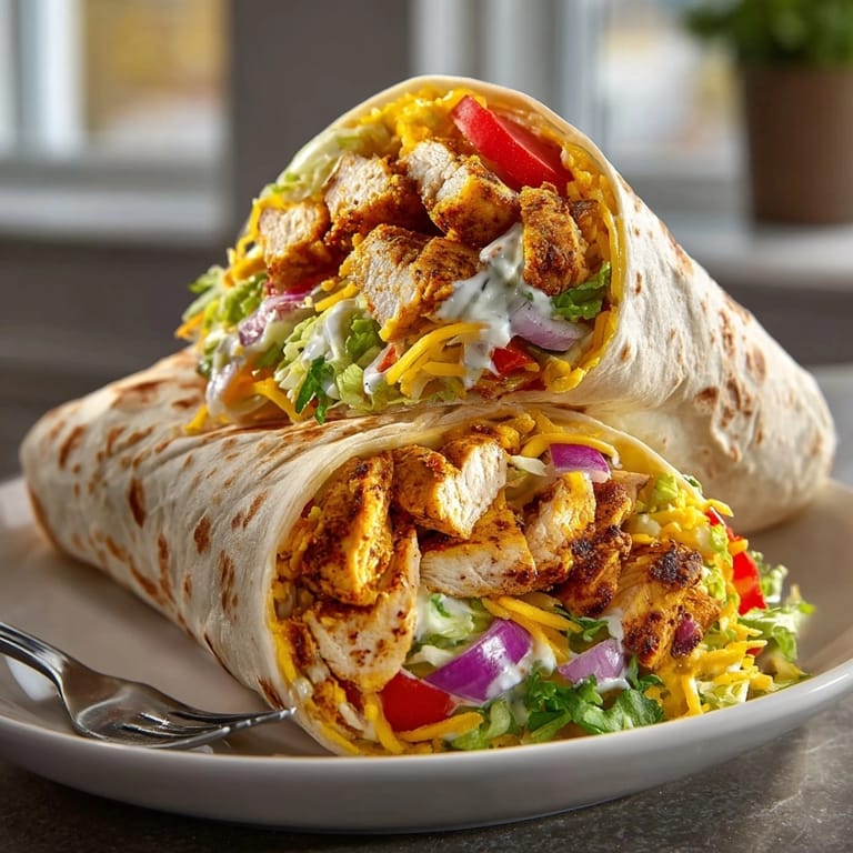Image of flavorful Pickle Juice Marinated Chicken Wraps ready to eat, filled with colorful, fresh ingredients.