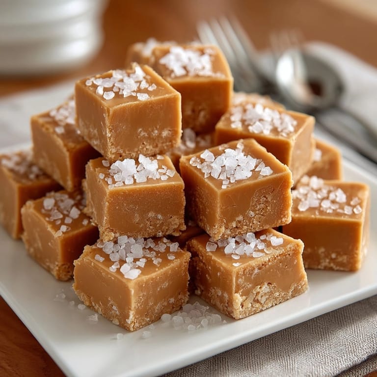 Homemade peanut butter fudge squares, a classic American sweet with flaky sea salt.