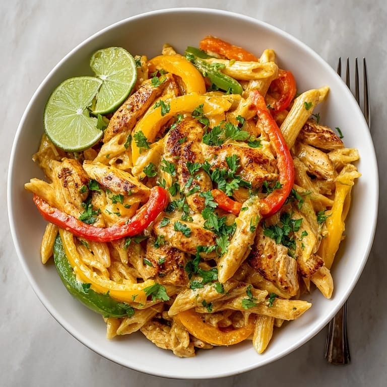 This photo showcases a delicious Chicken Fajita Pasta, ready to be served with fresh cilantro.