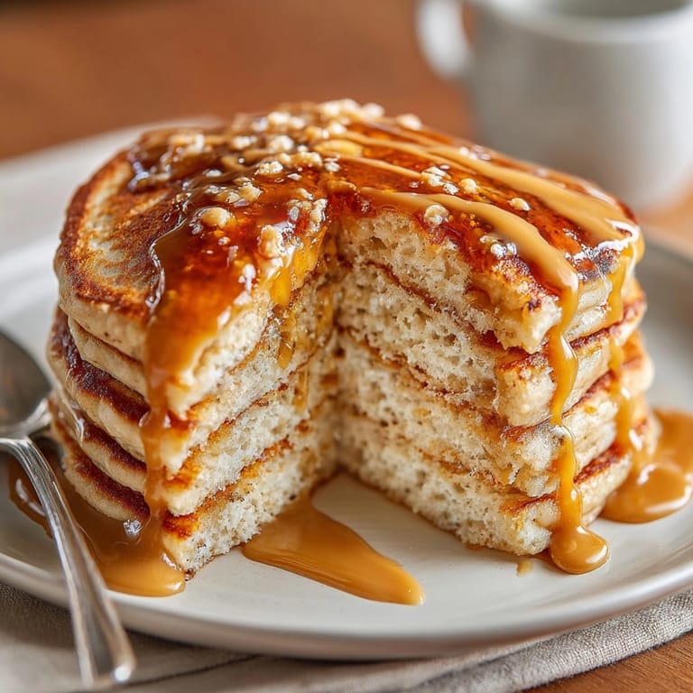 Golden protein pancakes topped with creamy peanut butter syrup, perfect for post-workout morning fuel.