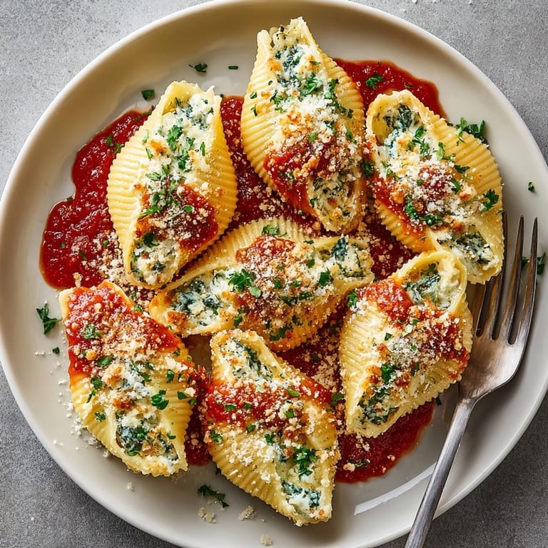 Plump ricotta stuffed shells with spinach glistening under melted mozzarella, perfect for a family-style Italian dinner.
