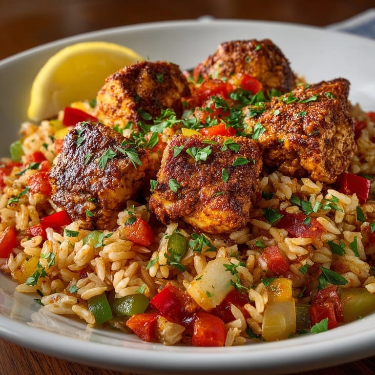 One-pan Cajun Chicken and Rice Skillet steaming hot and ready for weeknight family dinner.