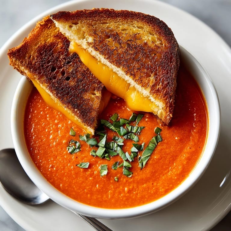 Close-up of grilled cheese and tomato soup shooters, garnished with fresh basil and served warm for dipping.