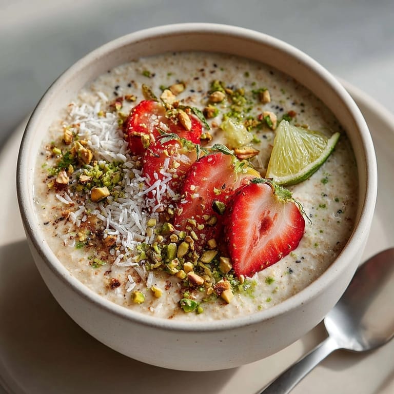 Creamy Avocado Lime Protein Overnight Oats served chilled, garnished with pistachios and extra lime zest.