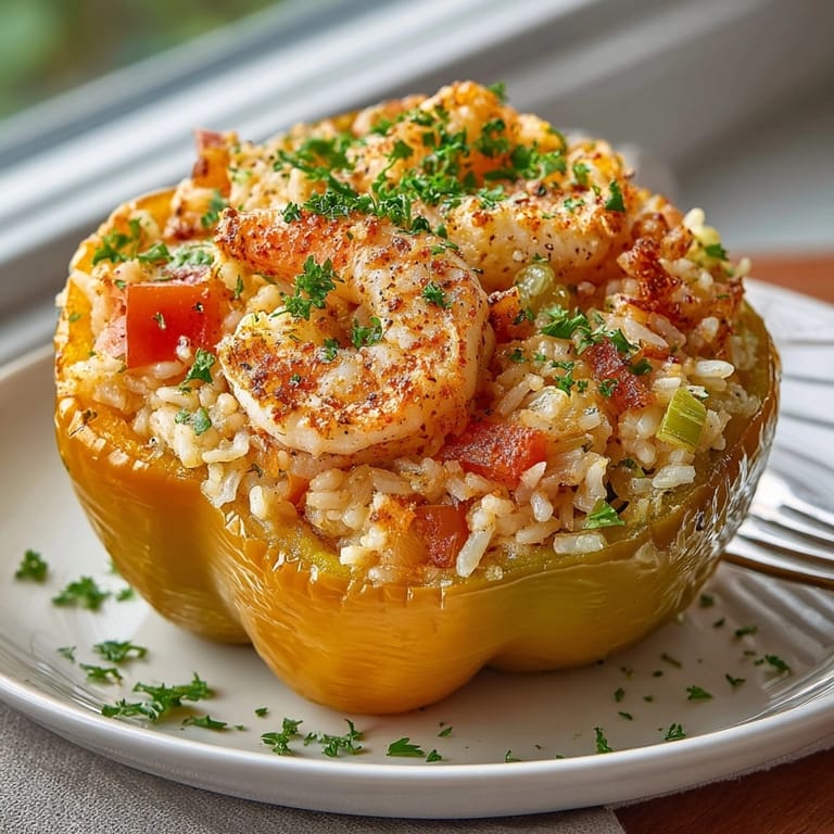Close-up of tender shrimp and rice stuffed peppers garnished with parsley, ready to serve.