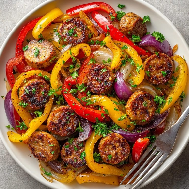 Gluten-free Cajun Sausage and Peppers Skillet served hot, bursting with Southern spices and flavor.