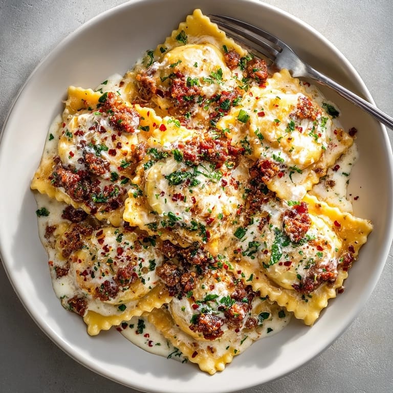 Close-up of Sausage Alfredo Ravioli Lasagna, fresh mozzarella melted over garlic-infused pasta layers