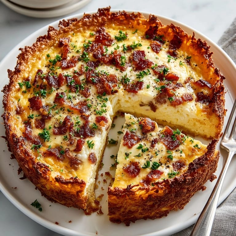 Bacon and cheese quiche with hashbrown crust fresh from the oven, melty and crisp.
