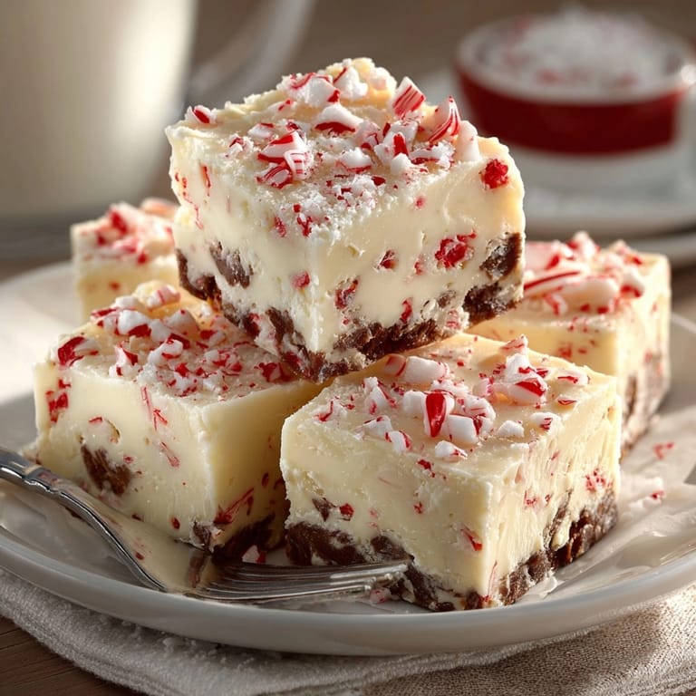 Delicious, easy no-bake Christmas Candy Cane Fudge, cut in squares and ready to serve.