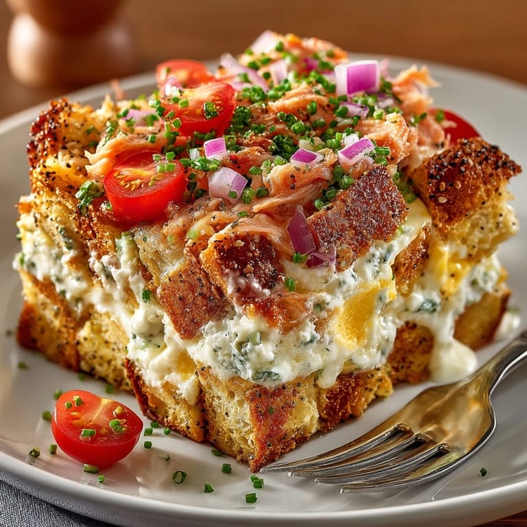 Warm, savory Everything Bagel Breakfast Casserole with melted cheese, ready to be served.
