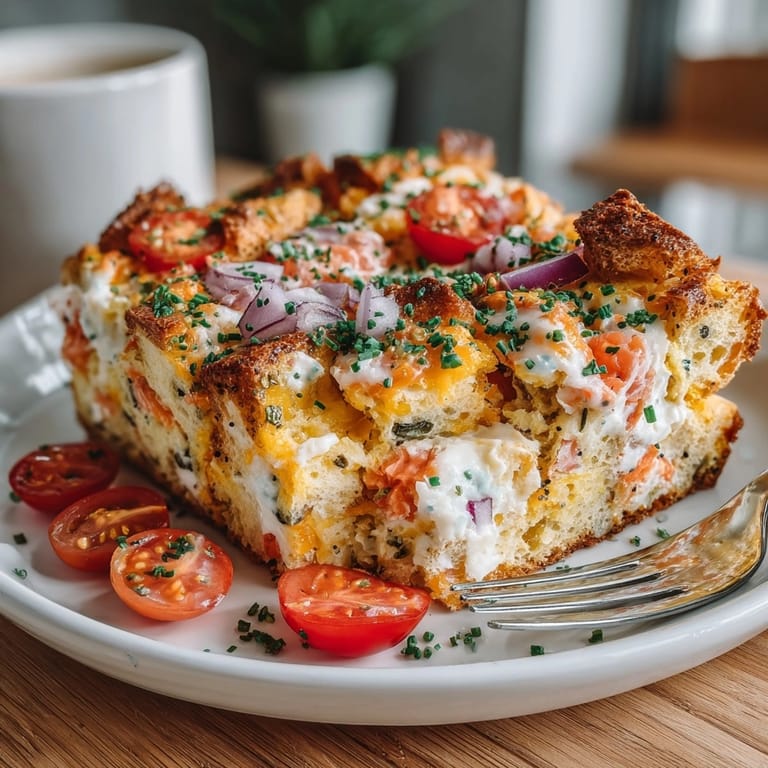 Close up shot of a cheesy Everything Bagel Breakfast Casserole, baked until crusty.