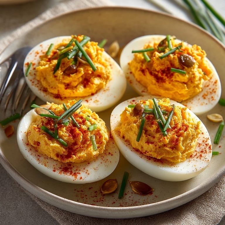 Close-up of spiced Pumpkin Deviled Eggs; the smooth filling hints at autumn flavors.
