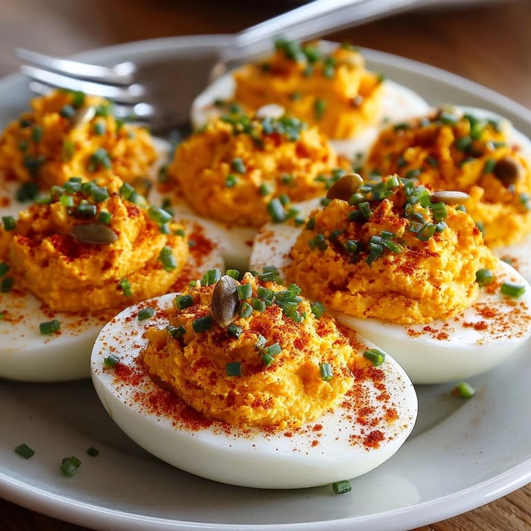 Homemade Pumpkin Deviled Eggs, a vibrant and flavorful twist on a classic appetizer.