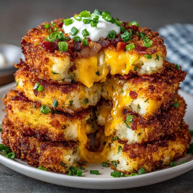 Hot plate of Loaded Mashed Potato Cakes, savory and cheesy, garnished with fresh herbs.