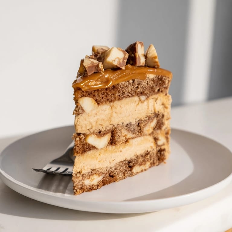 Close-up of a sliced Salted Caramel Apple Snickers Cake revealing a delightful Snickers filling.