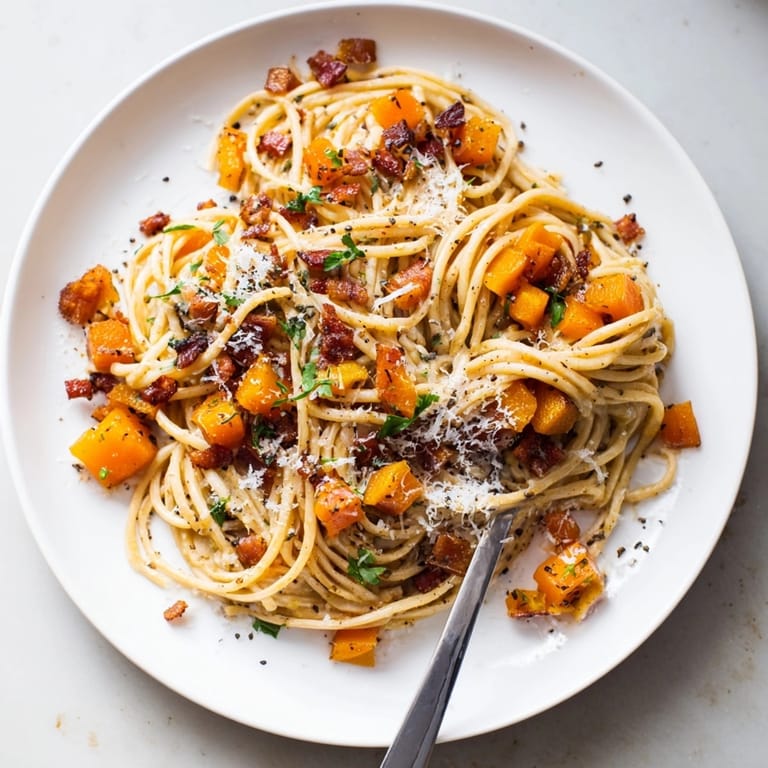 Golden Butternut Squash Pasta Carbonara, ready to be served with fresh parsley garnish.