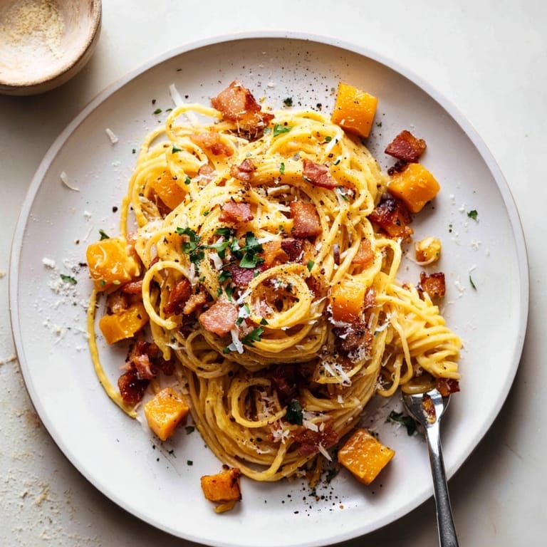 Close-up shot of savory Butternut Squash Carbonara; taste the sweet squash and salty pancetta.