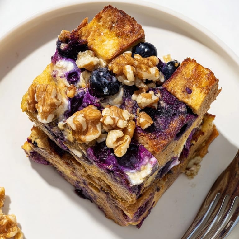 Scoops of Protein Blueberry French Toast Bake, a nourishing brunch topped with pecans.