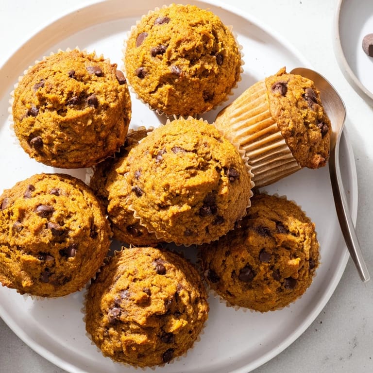 Delicious butterscotch pumpkin chocolate chip muffins served warm, perfect for cozy mornings.