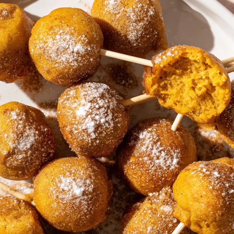 Delicious bite-sized pancake pops featuring rich pumpkin flavor and cinnamon aroma.  