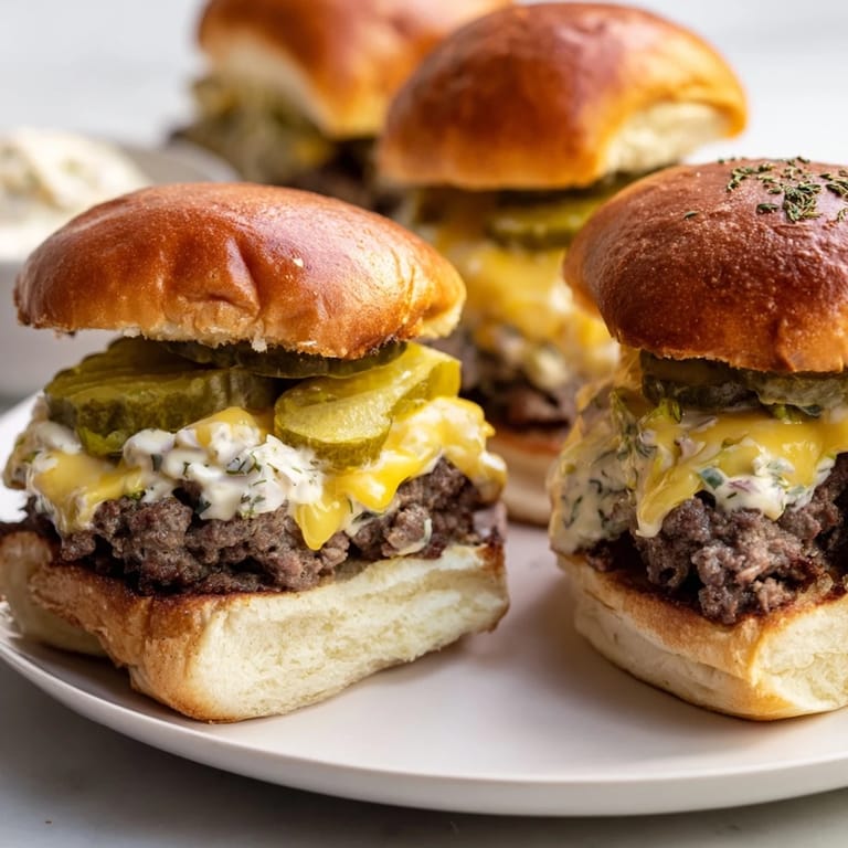 Mouthwatering Dill Pickle Ranch Sliders, topped with melted cheese and tangy dill pickles.