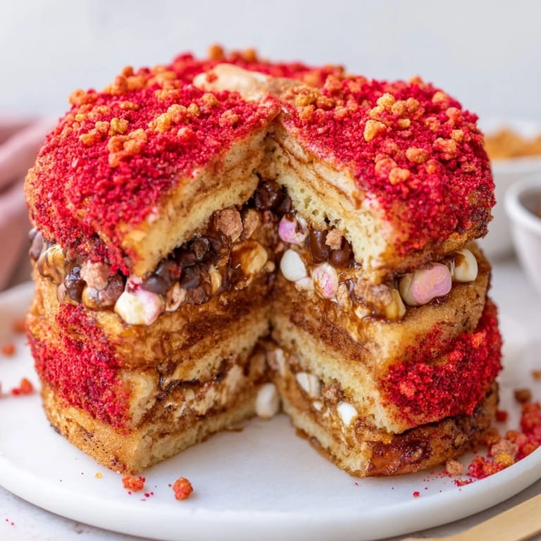 Over-the-top Smores Churro Cake Pancake Pops, oozing with chocolate and marshmallow delight.