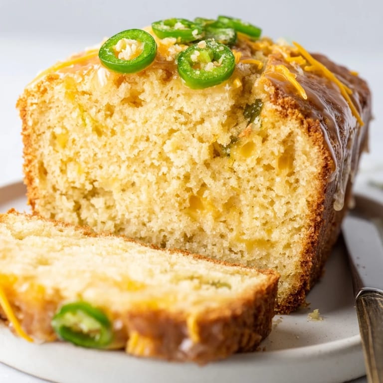 Enjoy a slice of Maple Ginger Cheesy Jalapeño Biscuit Muffin Loaf, rich and spicy.  