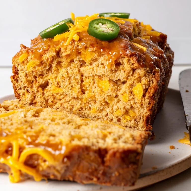 Delicious Maple Ginger Cheesy Jalapeño Biscuit Muffin Loaf topped with melted cheese and jalapeños.