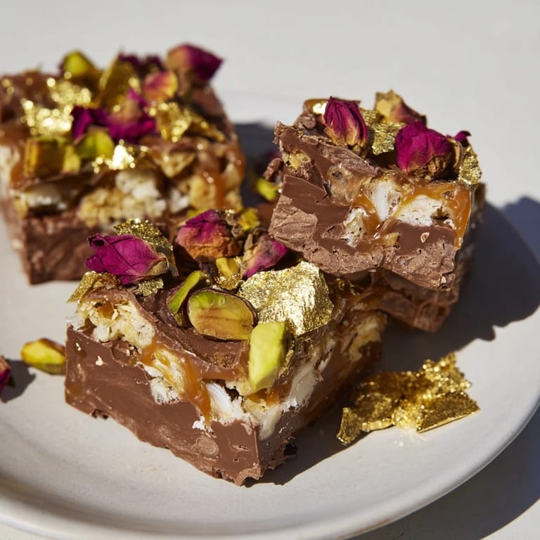 Tempting chocolate bar inspired creations garnished with edible gold and rose petals.
