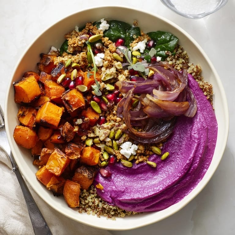 Cozy Spiced Winter Bowls with sweet potato, ube-coconut, and crunchy pistachio crumble.  