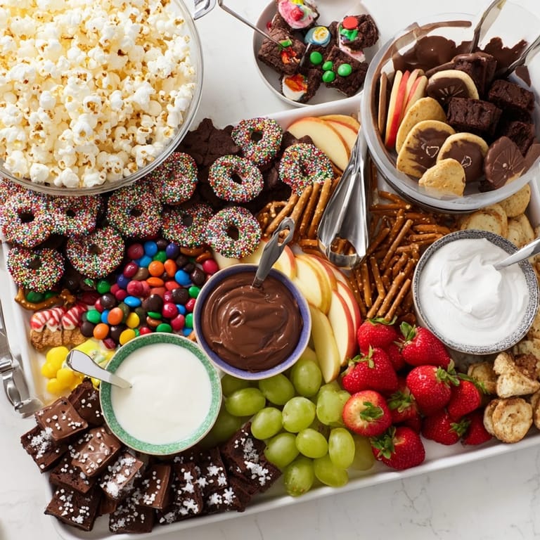 Delicious dessert board with custom snacks, dips, and festive sprinkles for celebrations.