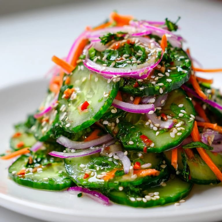 Refreshing cucumber salad remix garnished with sesame seeds for extra crunch.  